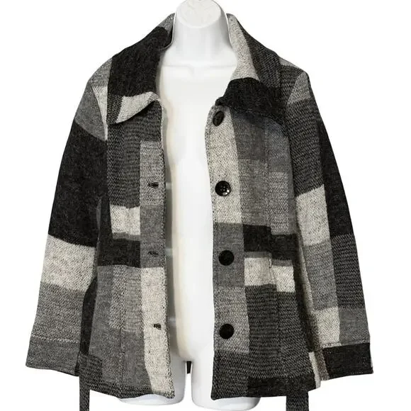 Appleseed’s Wool Blend Belted Jacket Textured Gray Black Cozy Coat Pockets Sz M - Picture 3 of 10